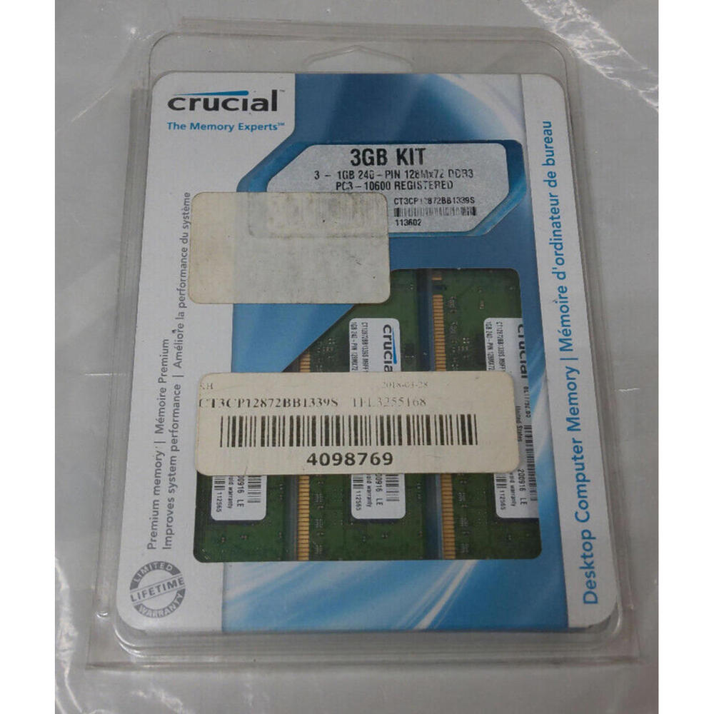 Crucial CT3CP12872BB1339S 3GB (3x 1GB) Kit DDR3-1333 PC3-10600 ECC Memory RAM
